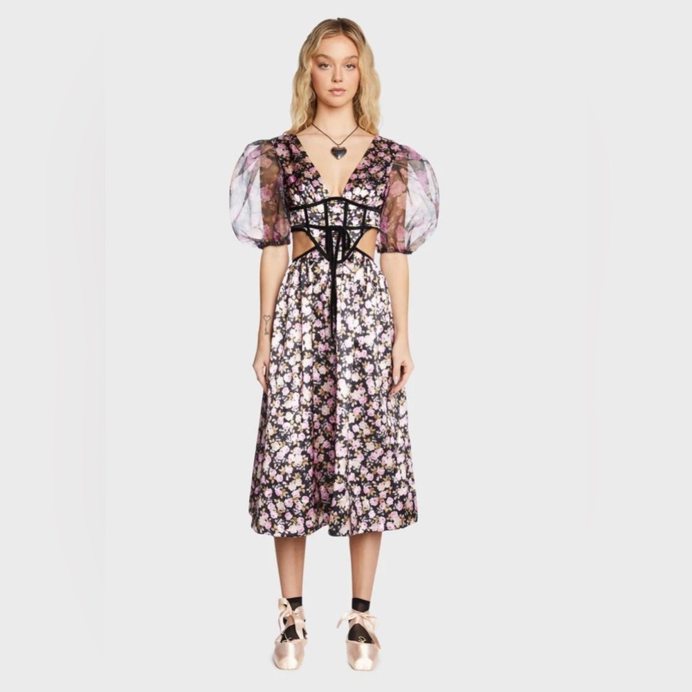 For Love And Lemons Black and Pink Floral Midi Dress